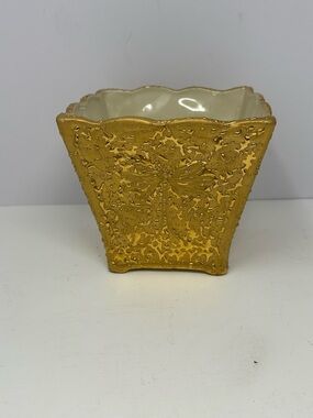 MCM Keramos Hand Decorated Weeping Bright Gold Planter Vase 22 K Gold USA A3